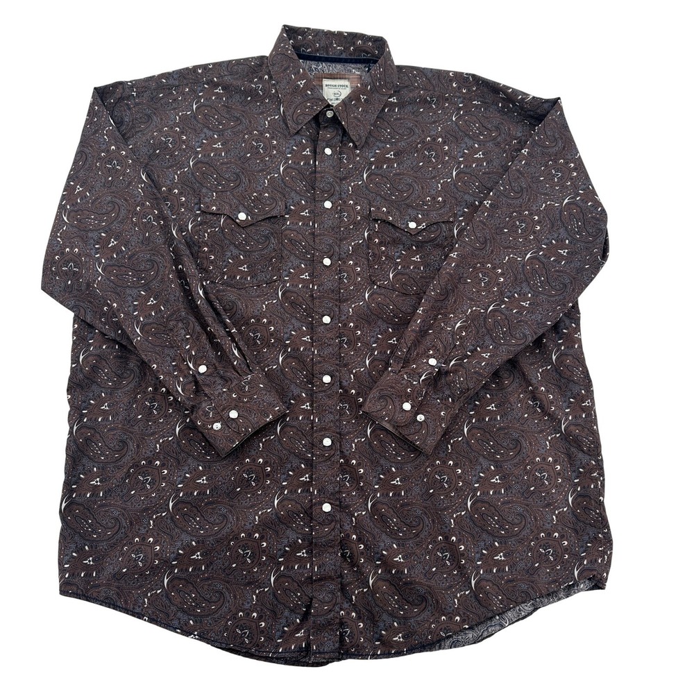 Rough Stock Men XXL Cowboy Rodeo Western Brown Paisley Long Sleeve Pearl Snap